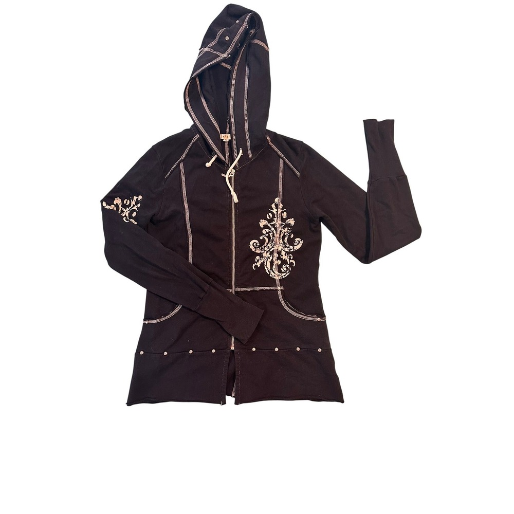 Yogi Womens Black Damask‎ Print Studded Zip Up Hoodie Gothic Contrast Stitch S